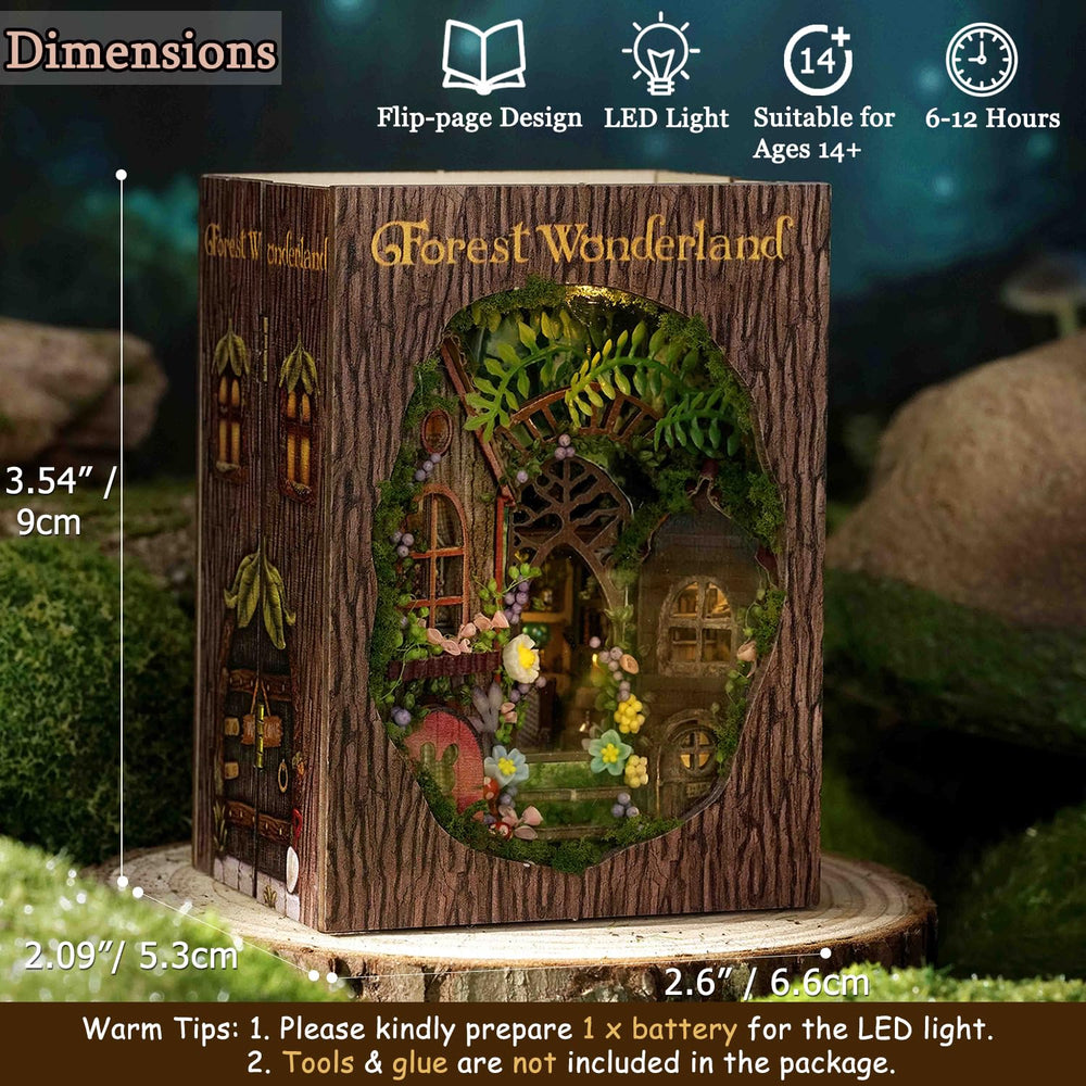 TuKIIE wooden ornaments and plants enhance the forest miniature setting.