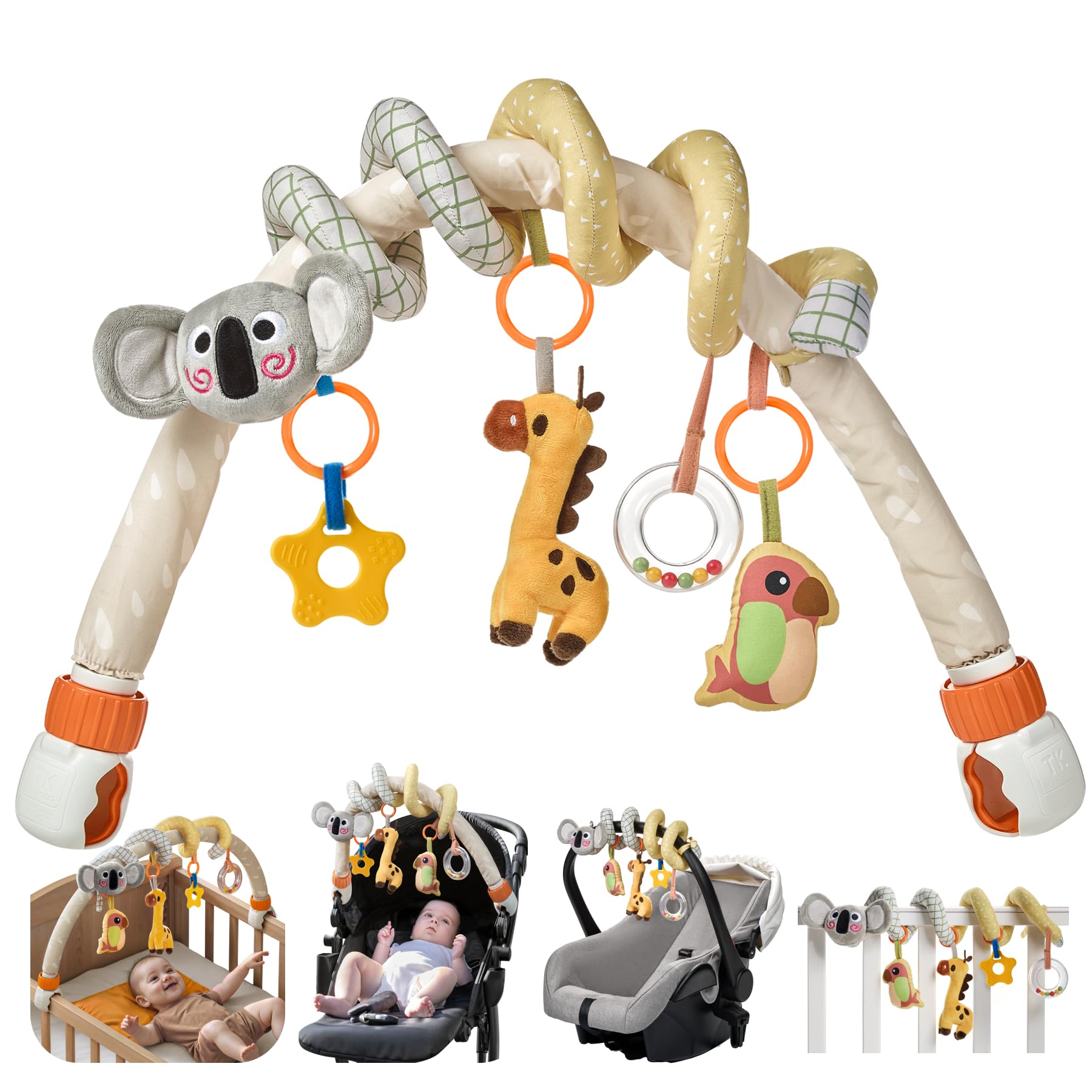 TUMAMA KIDS 2-in-1 spiral arch on car seat encourages visual focus and tactile play