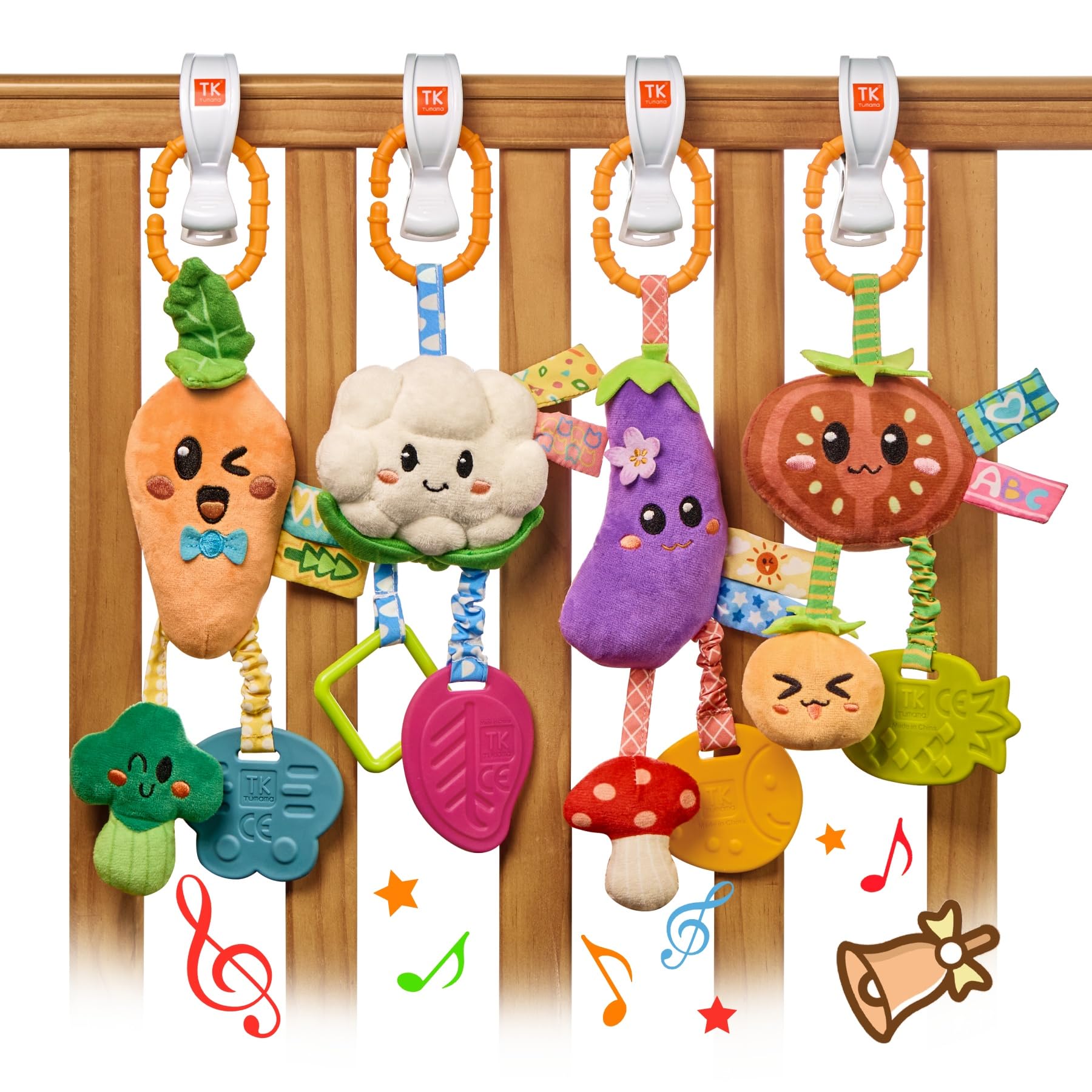 TUMAMA KIDS carrot toy hanging with rattle enhances early sensory exploration for baby.
