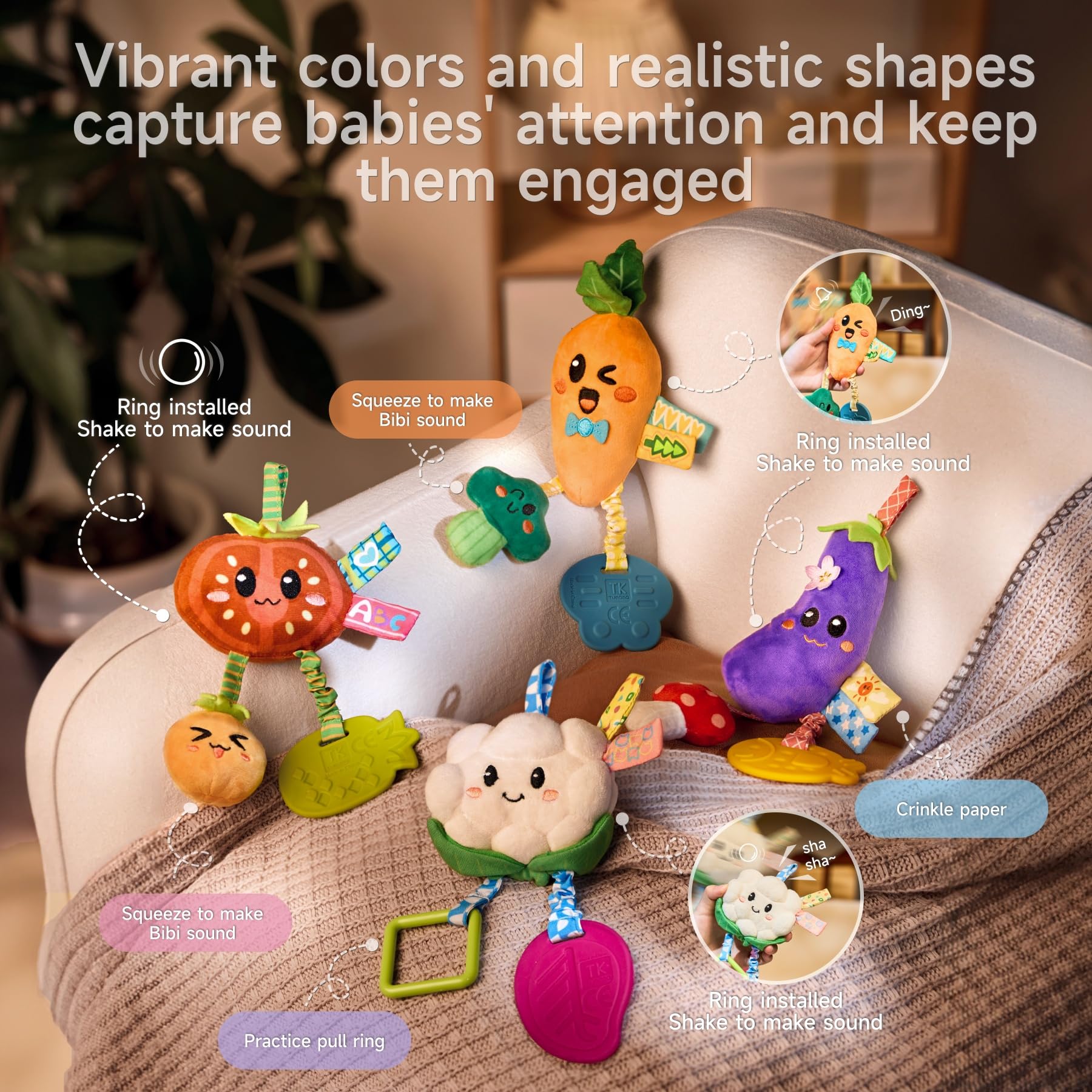 TUMAMA KIDS eggplant toy with crinkle texture invites tactile exploration.