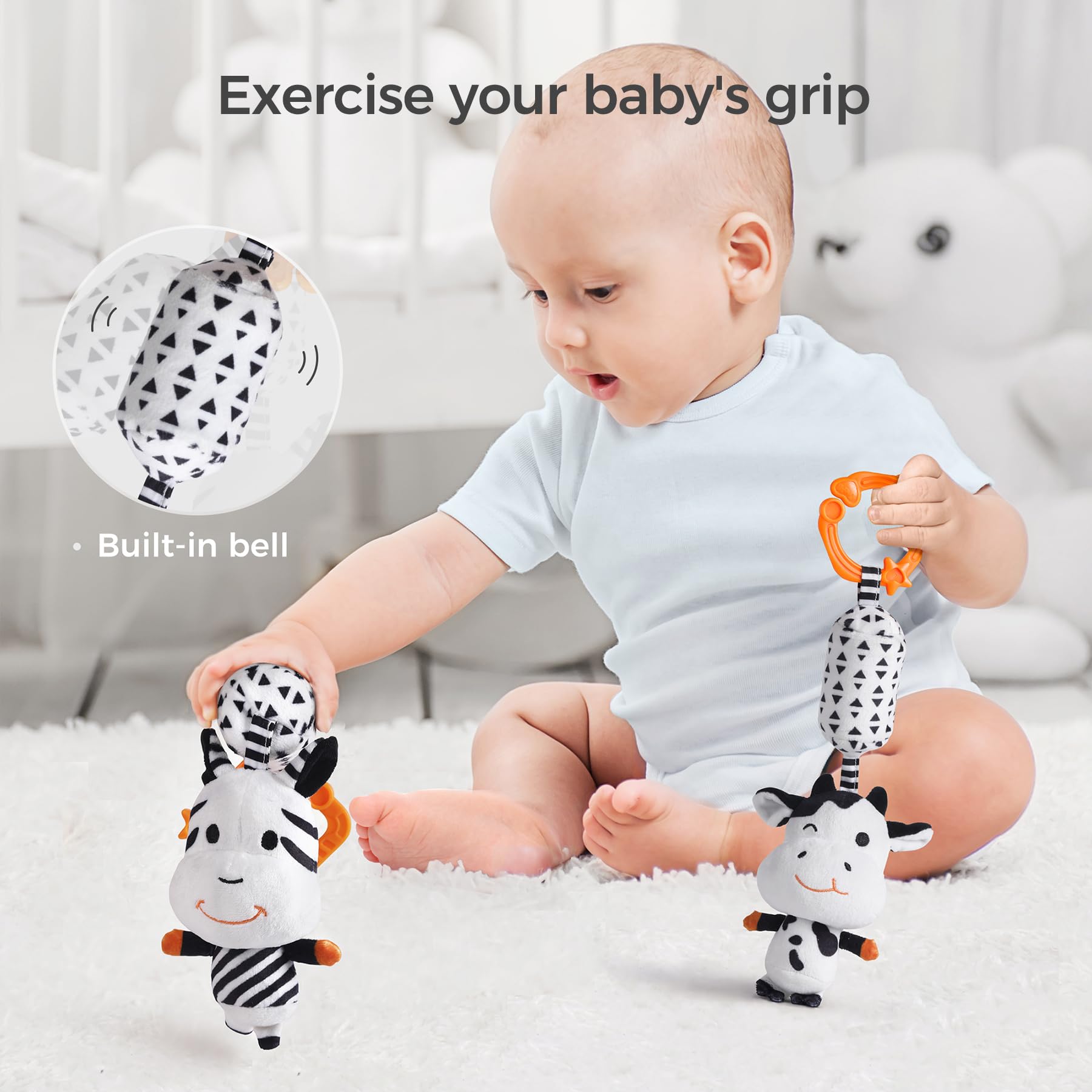 TUMAMA KIDS high contrast clip attaches to stroller for on the go visual play.