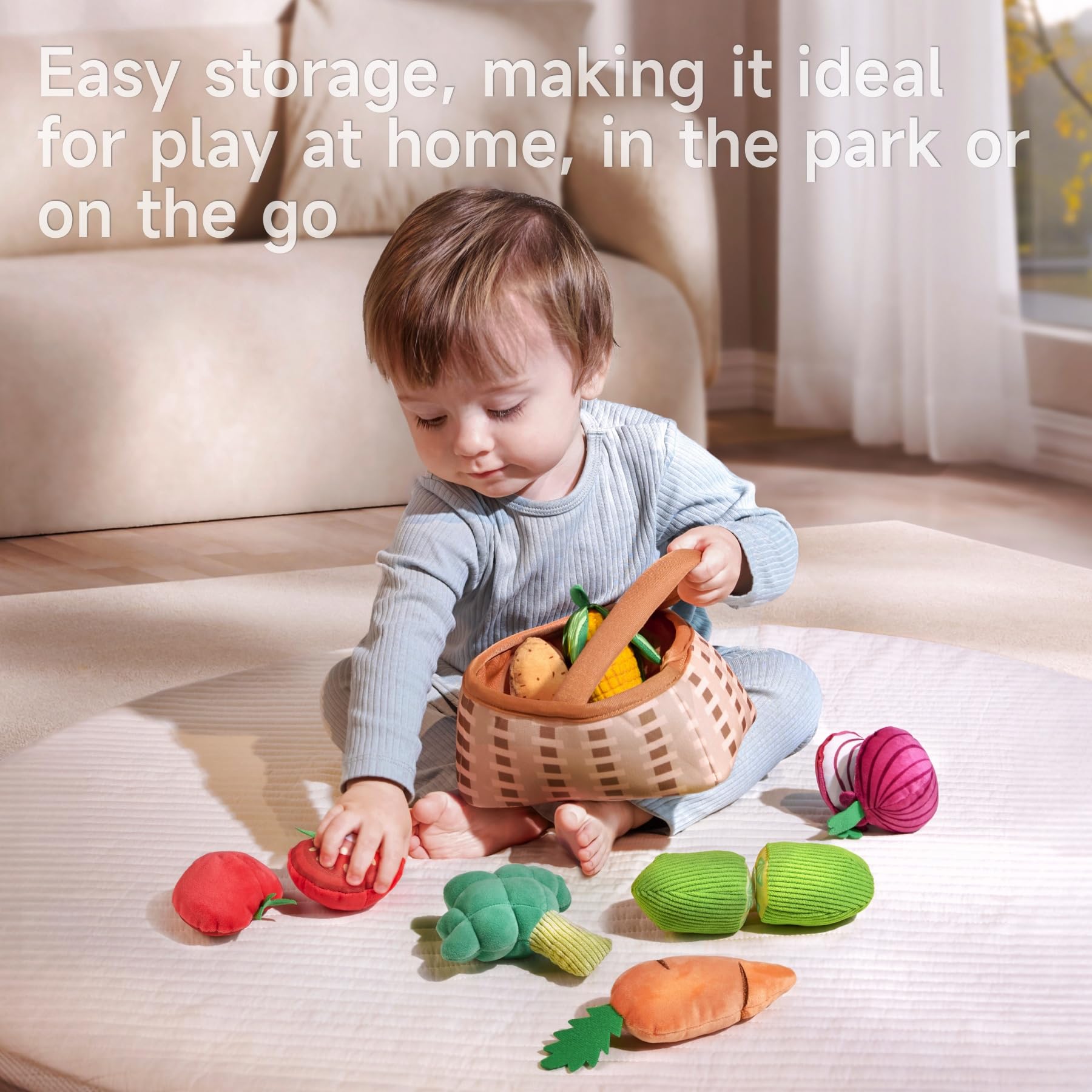 TUMAMA KIDS plush cucumber toy with striated texture for tactile curiosity.
