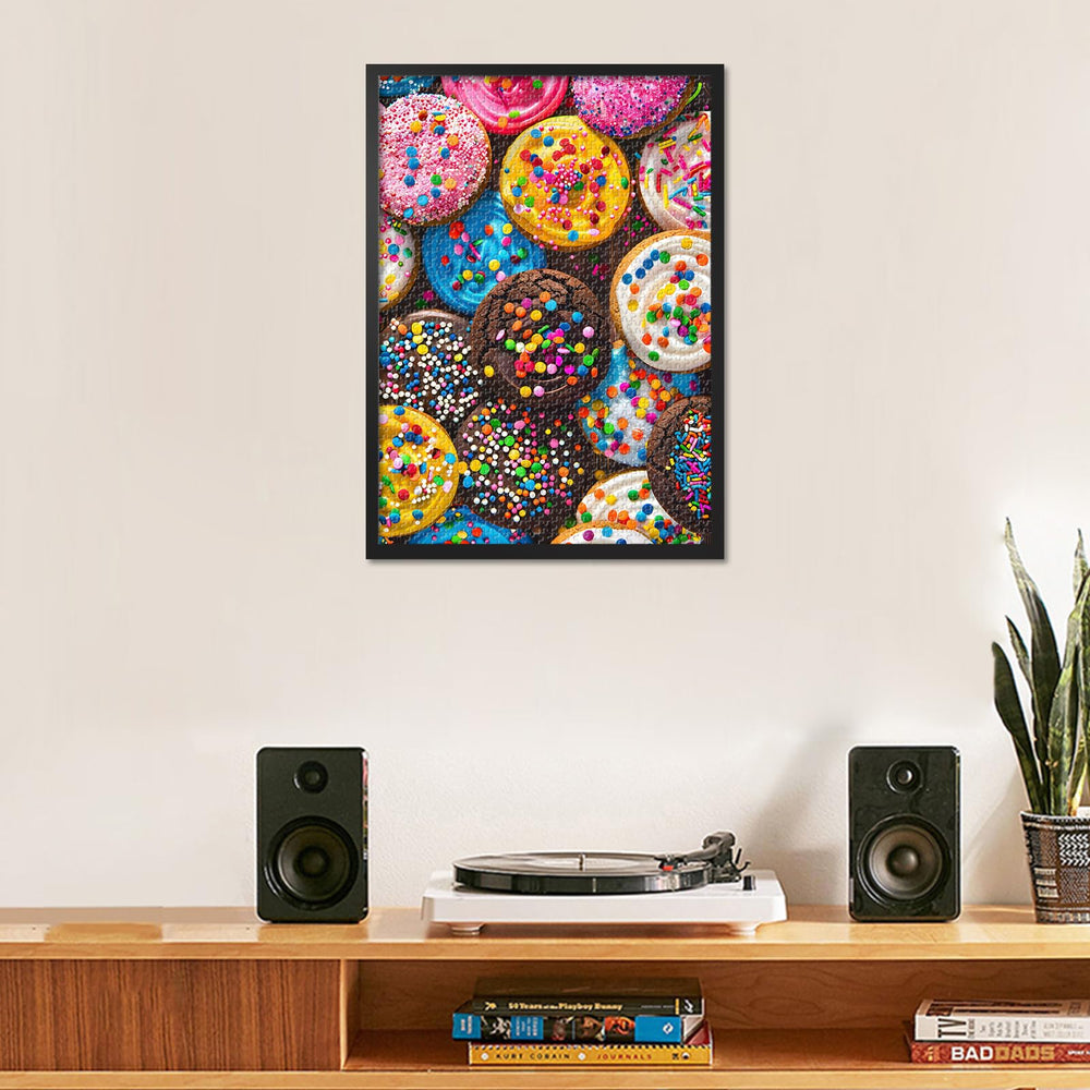 TUMOVO Candyland Cakes puzzle vibrant artwork closeup showcases colorful dessert scene.