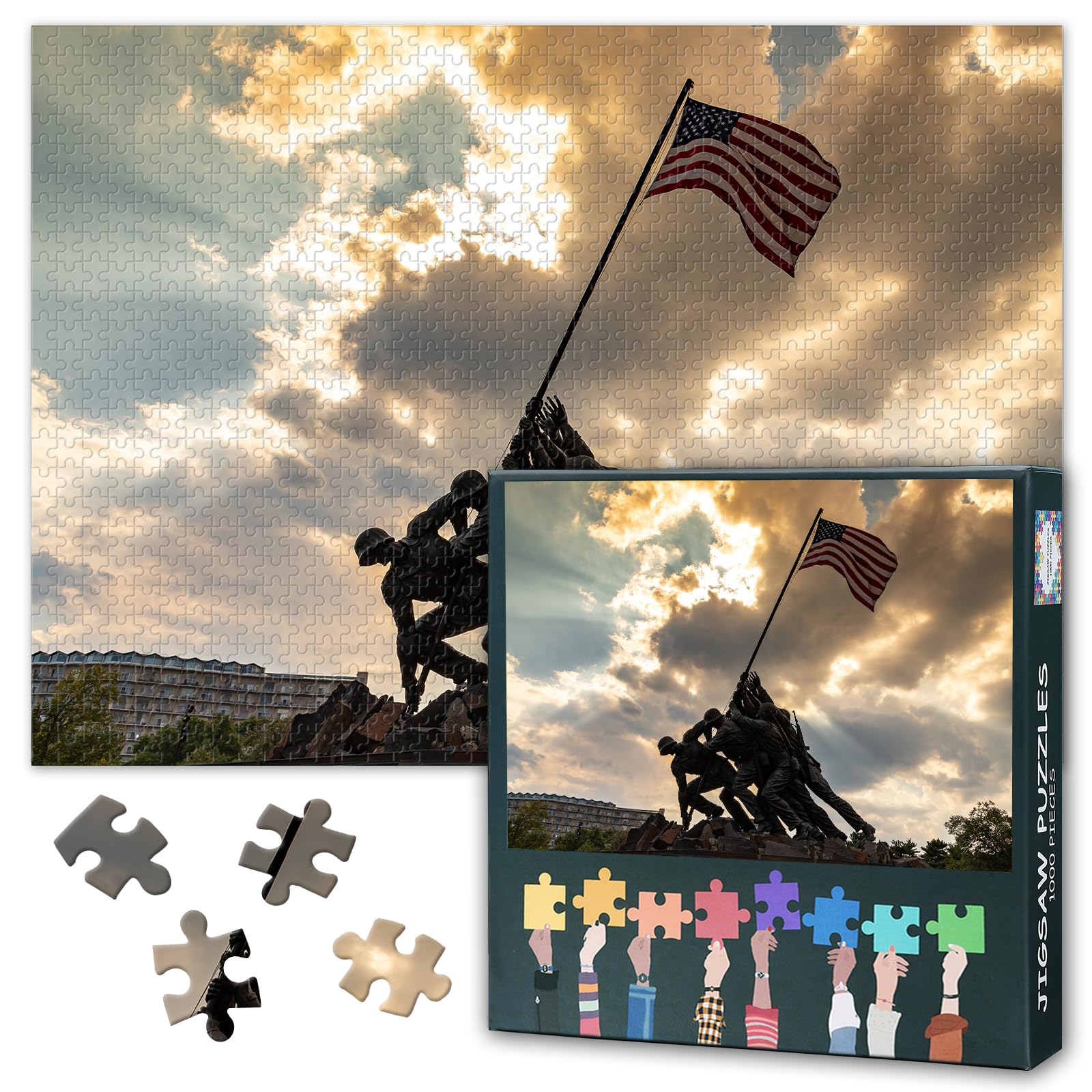TUMOVO 1000-piece puzzle box with reference poster guides assembly.