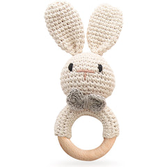 TUOWITA bunny rattle with beech teether for gentle teething relief.