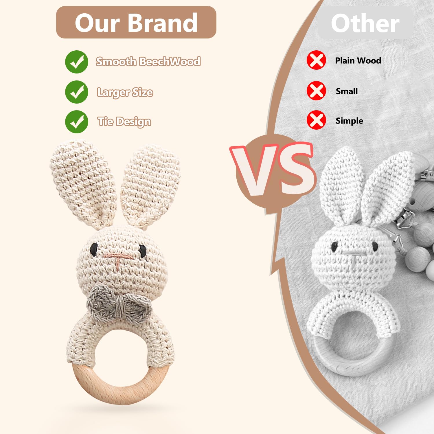 TUOWITA crocheted bunny teether provides soft texture for tiny hands.