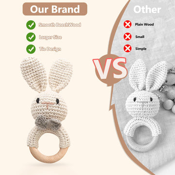 TUOWITA crocheted bunny teether provides soft texture for tiny hands.