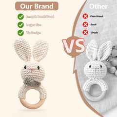 TUOWITA crocheted bunny teether provides soft texture for tiny hands.