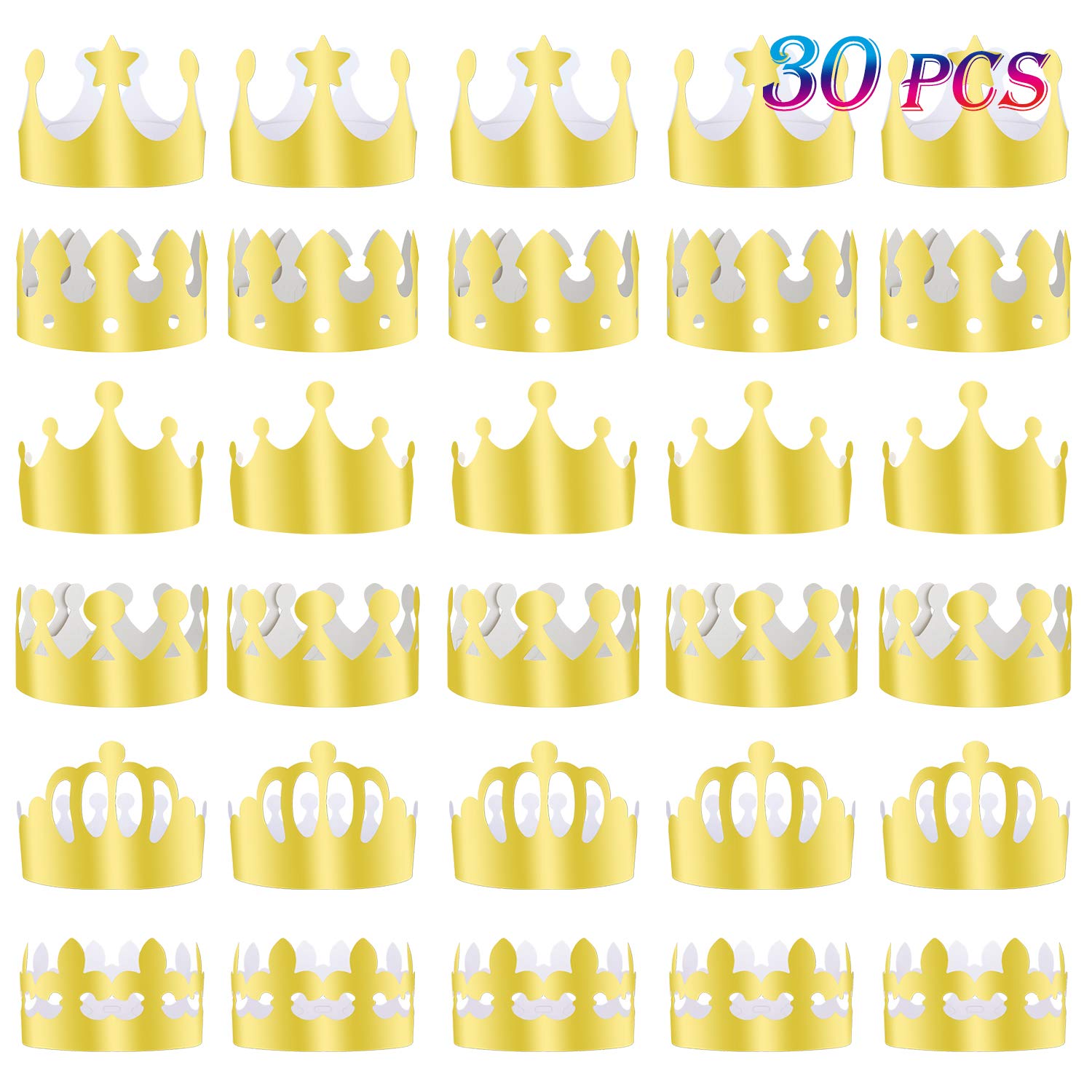 TUPARKA 30-pack paper crown hats with gold foil for festive parties.