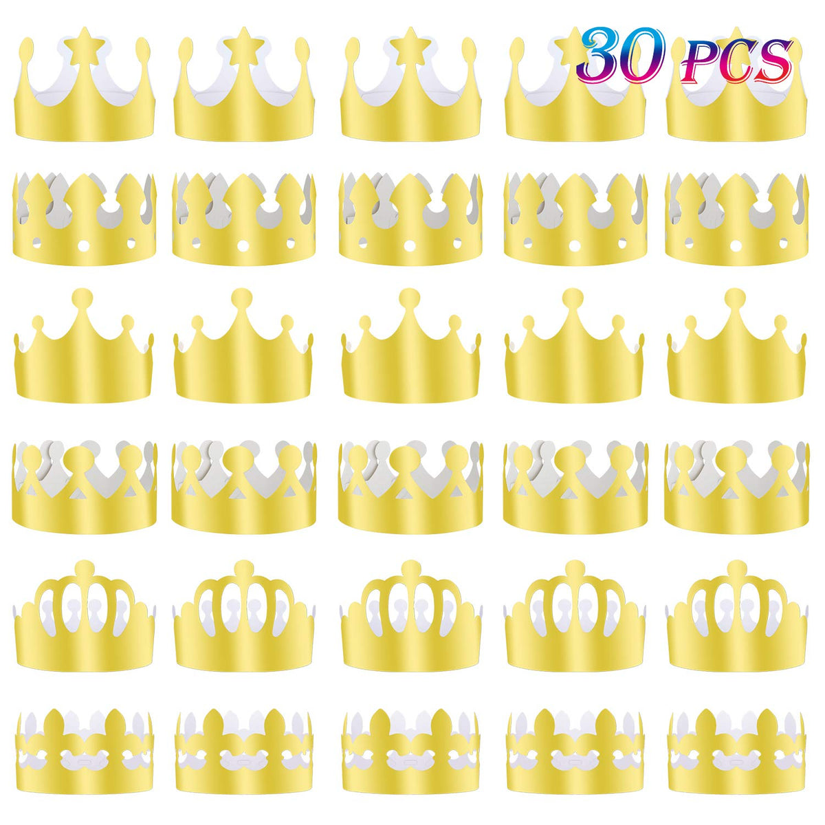 TUPARKA 30-pack paper crown hats with gold foil for festive parties.
