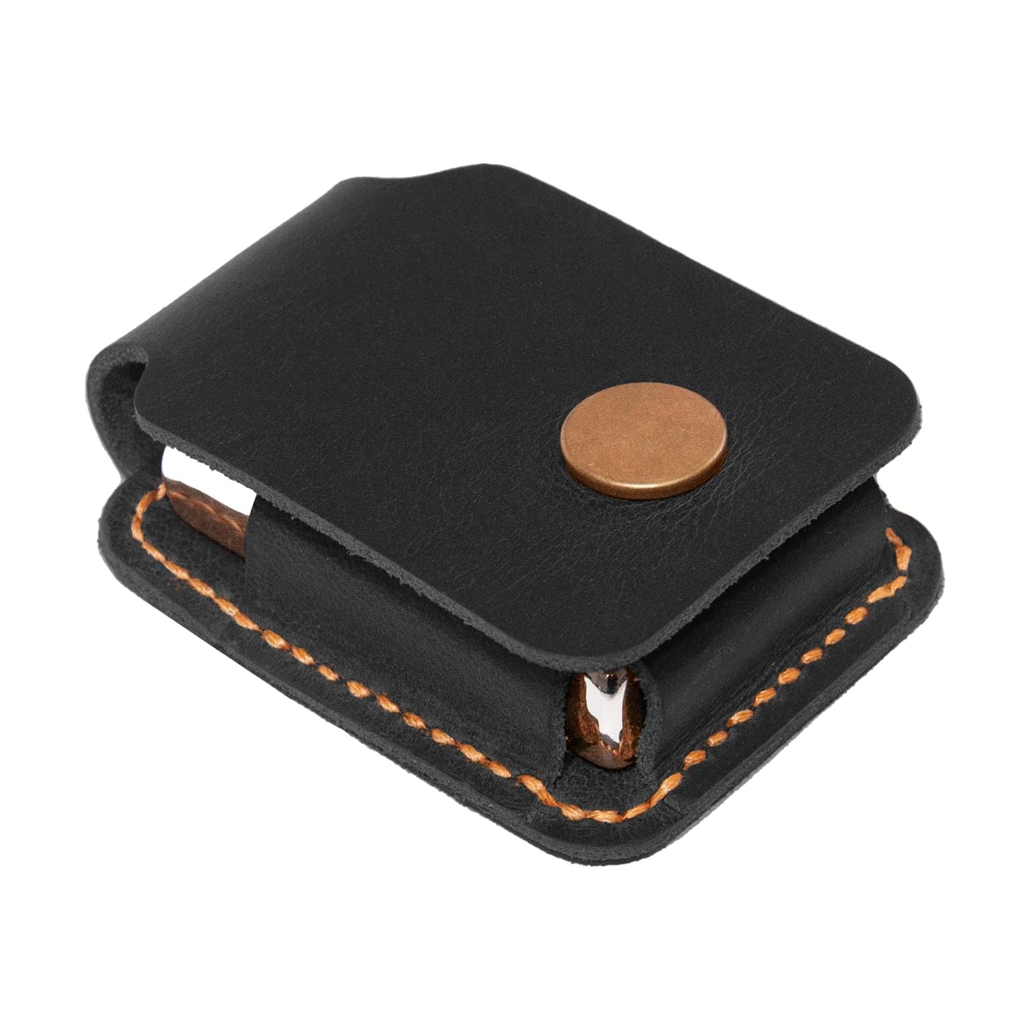 Turbosnail black leather lighter case front view, durable protection with handmade stitching.