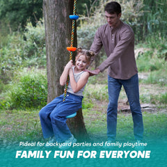 TURFEE blue tree swing installed in a backyard tree for adventures.