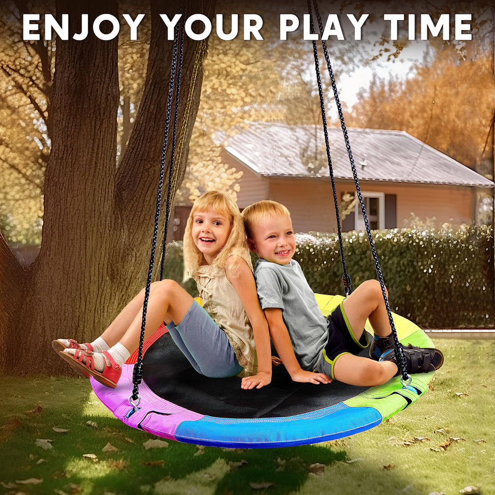 Children enjoy TURFEE rainbow backyard swing in the yard