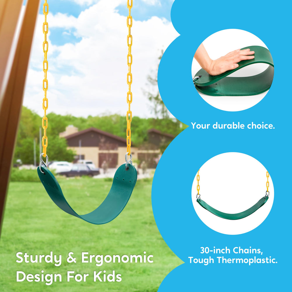 Turfee swings with plastic-coated chains for pinch-free grip.