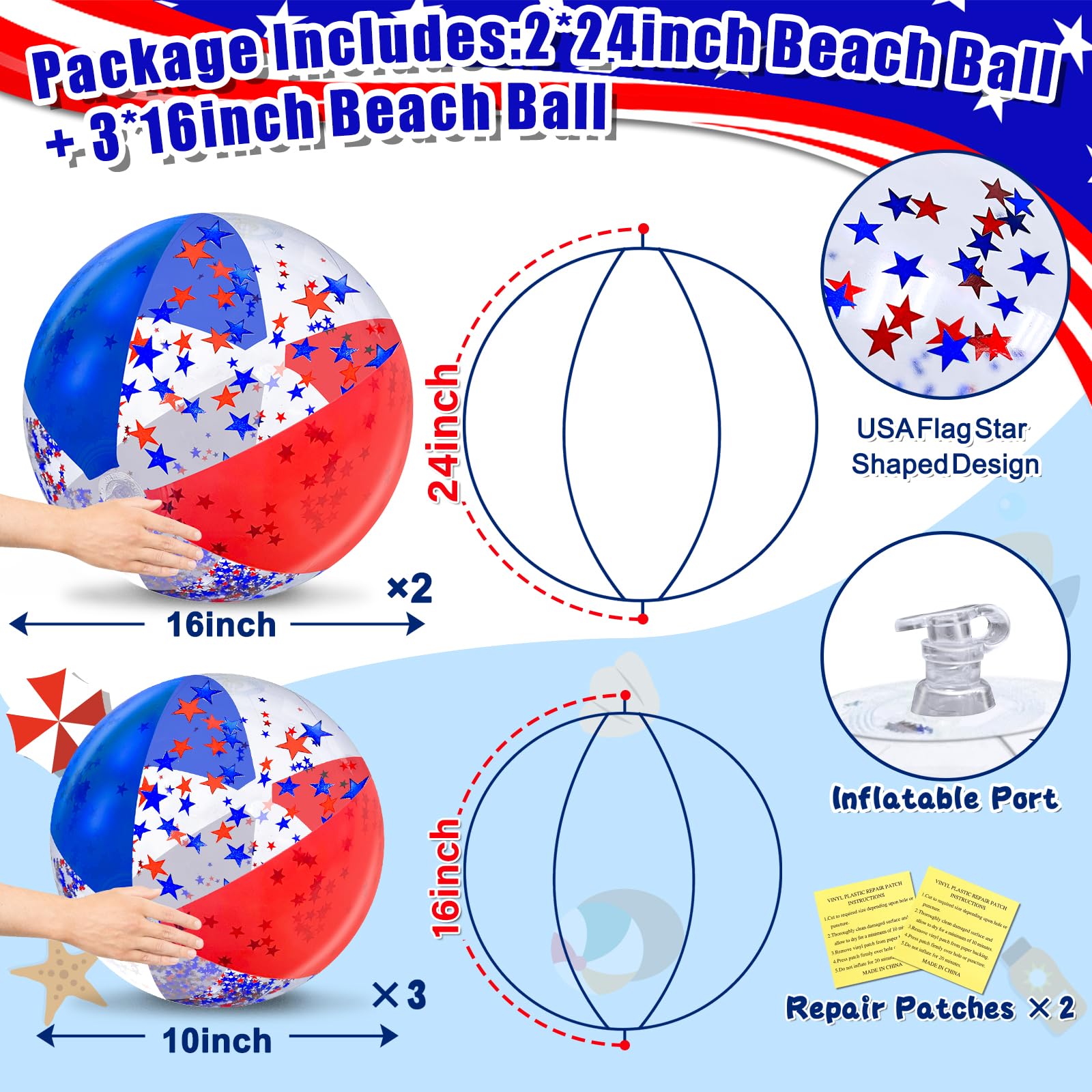 TURNMEON patriotic sequin ball 24inch closeup shows iridescent glitter for outdoor events.