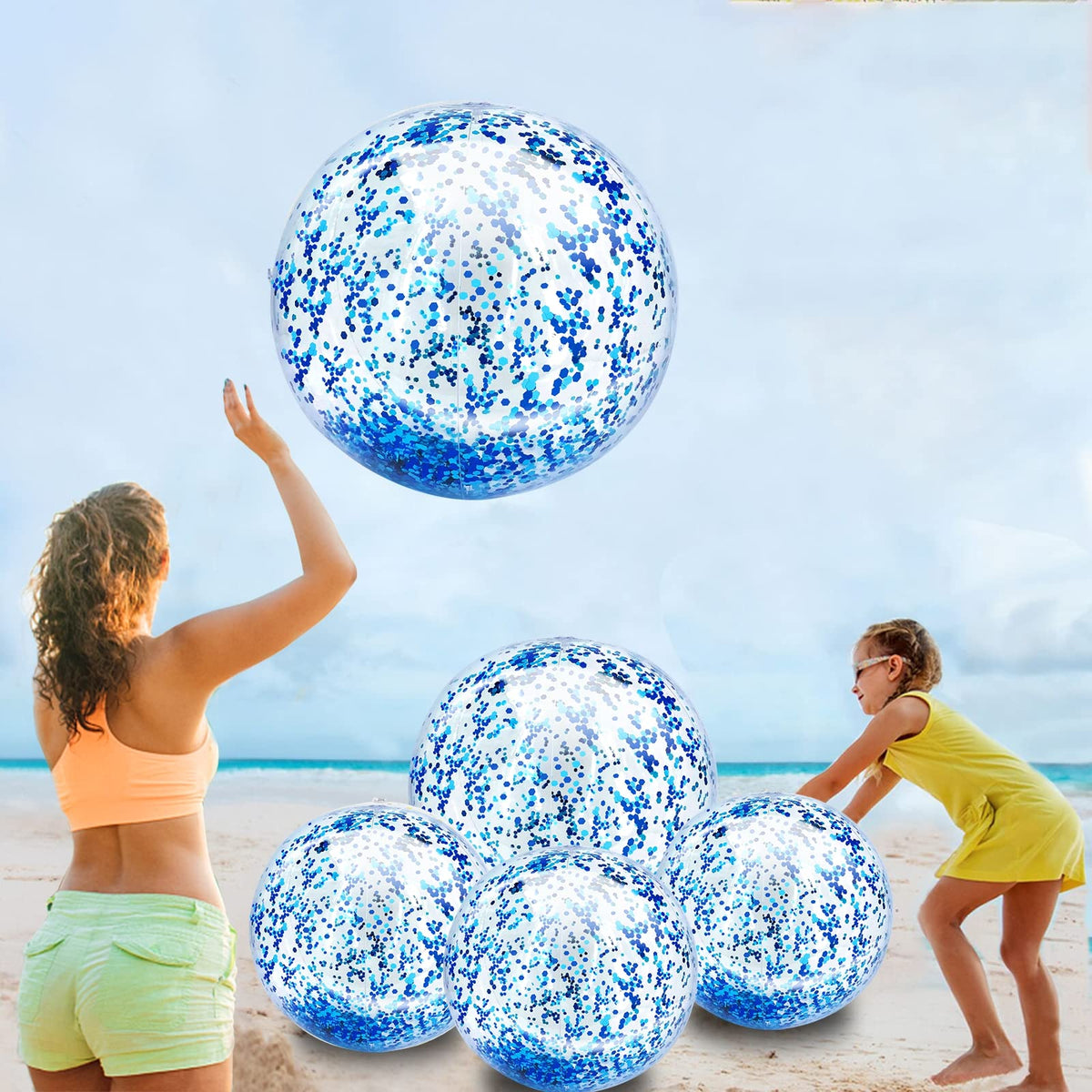 Turnmeon 5pcs inflatable beach balls 24in glitter close-up showcases sparkling sequins for vibrant summer fun.