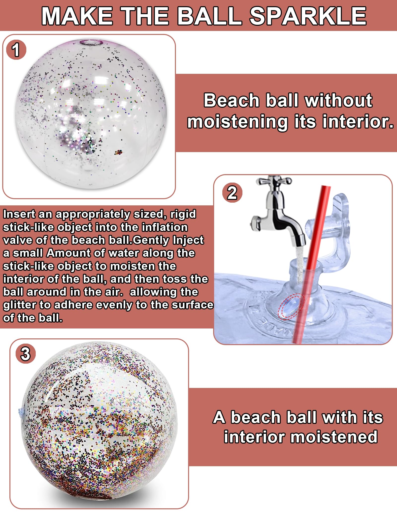TURNMEON glitter beach ball 16inch closeup shows soft durable PVC surface.