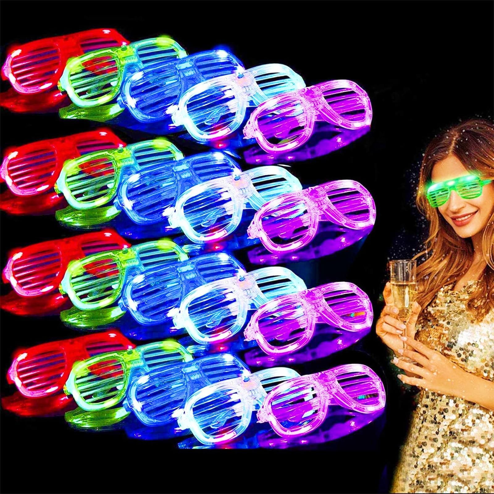TURNMEON LED glasses 20-pack pack-shot with six colors for vibrant party lighting.