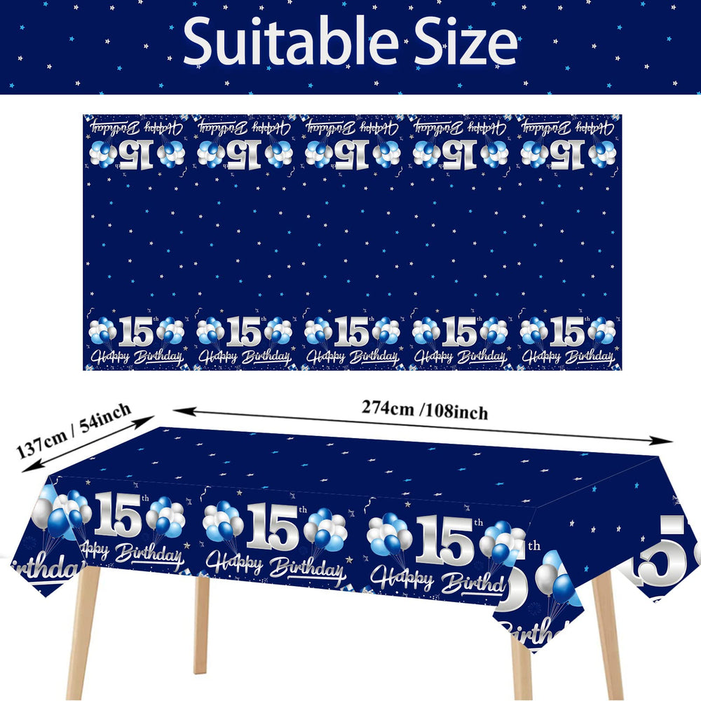 Turypaty blue-silver tablecloth with balloons and gifts, ideal for festive photos.