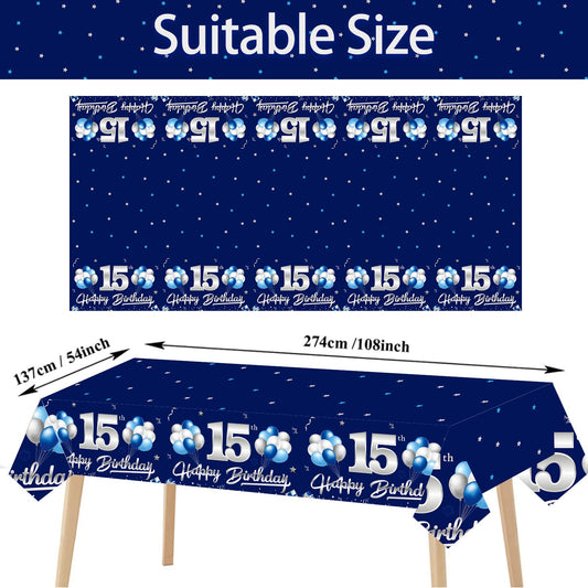 Turypaty blue-silver tablecloth with balloons and gifts, ideal for festive photos.