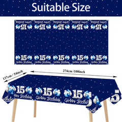 Turypaty blue-silver tablecloth with balloons and gifts, ideal for festive photos.