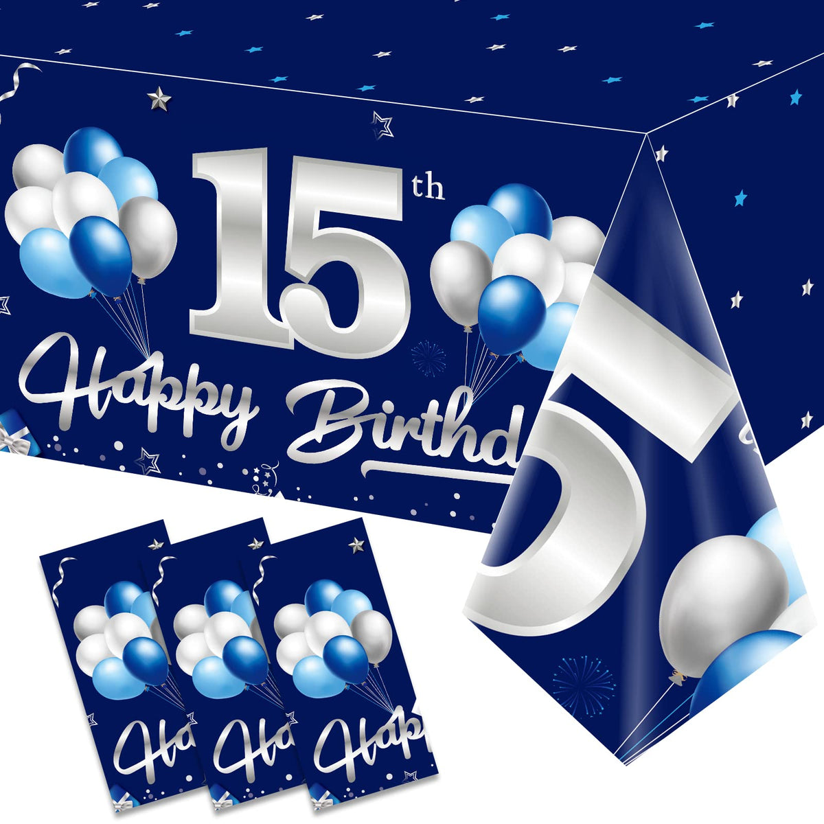 Turypaty blue-silver 15th birthday tablecloth on a rectangular table, easy cleanup.