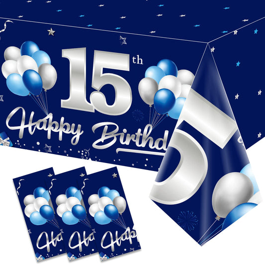Turypaty blue-silver 15th birthday tablecloth on a rectangular table, easy cleanup.