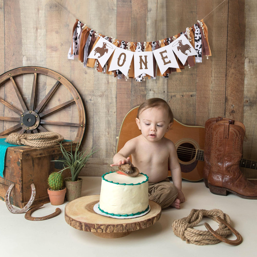 TUTOTU cowboy birthday banner close-up highlights vivid letters and icons.