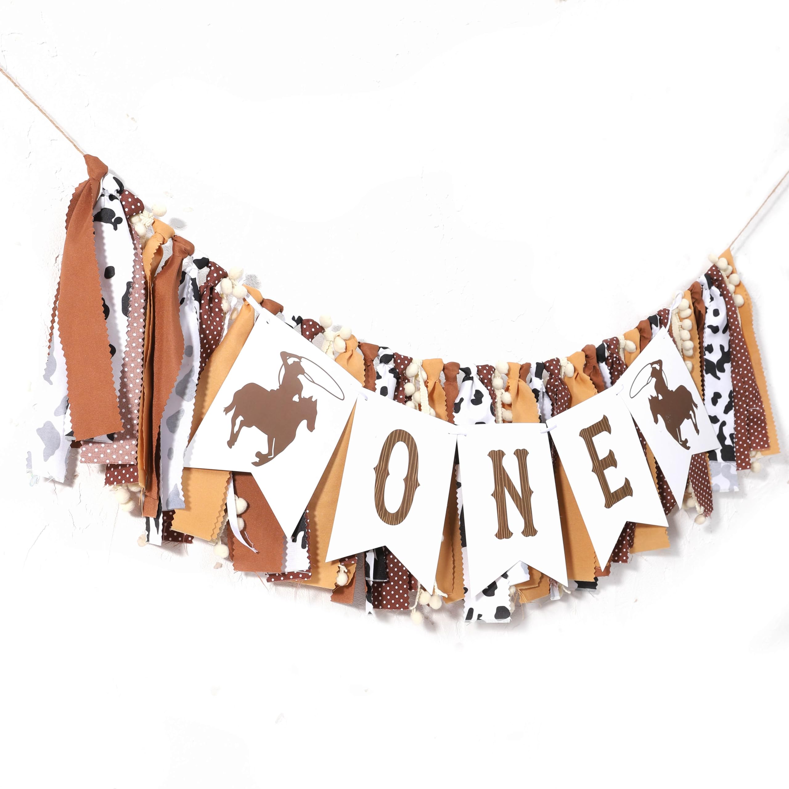 TUTOTU My First Rodeo banner with easy ties fits most chairs.
