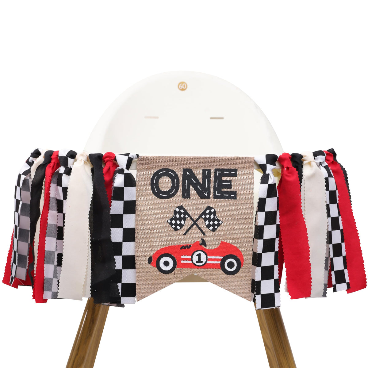 TUTOTU Race Car One High Chair Banner on a chair for a festive first birthday.