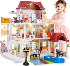 TUZT doll house three-story exterior view for imaginative play and storytelling.