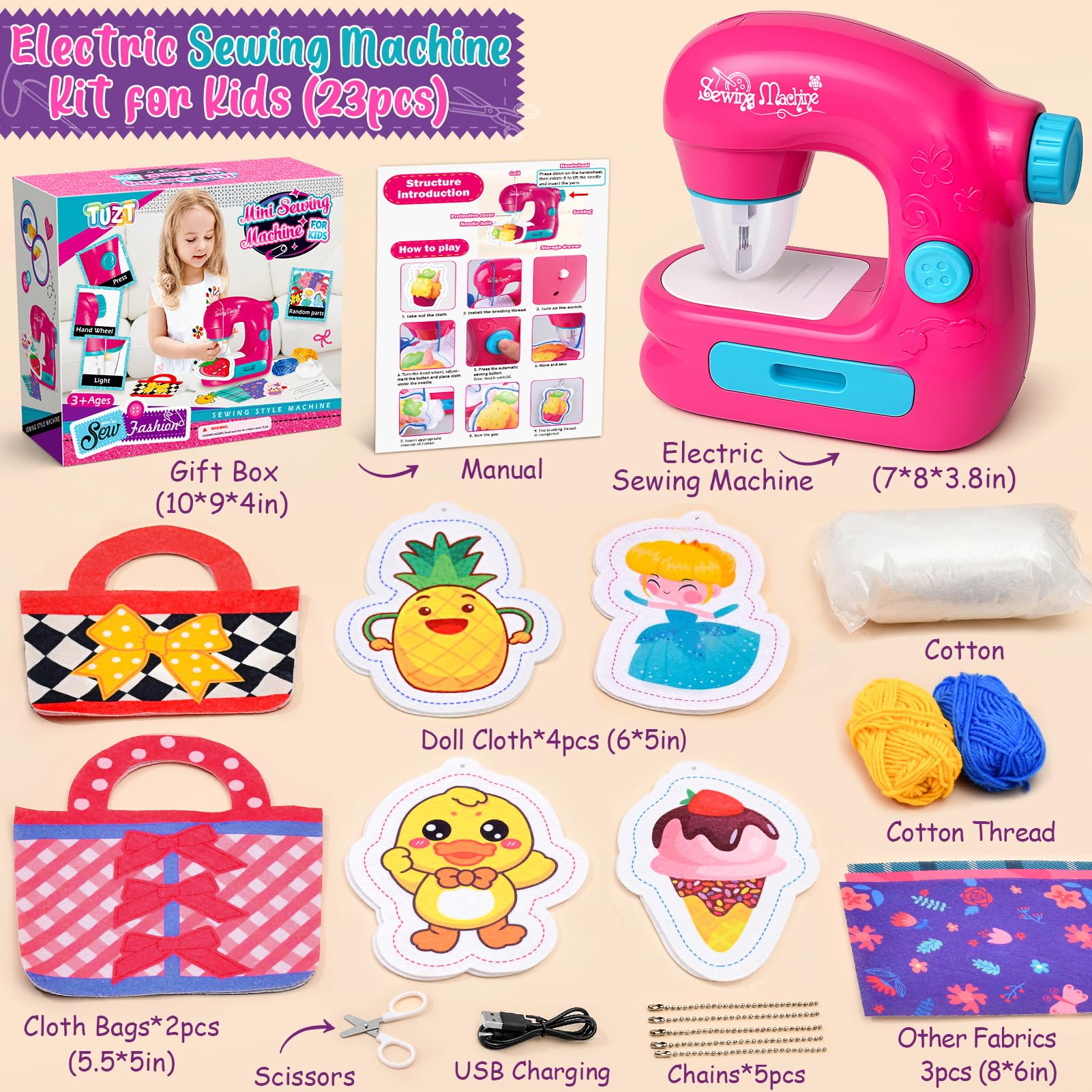 TUZT mini sewing machine with doll clothes set for creative projects.