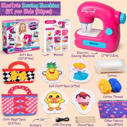 TUZT mini sewing machine with doll clothes set for creative projects.