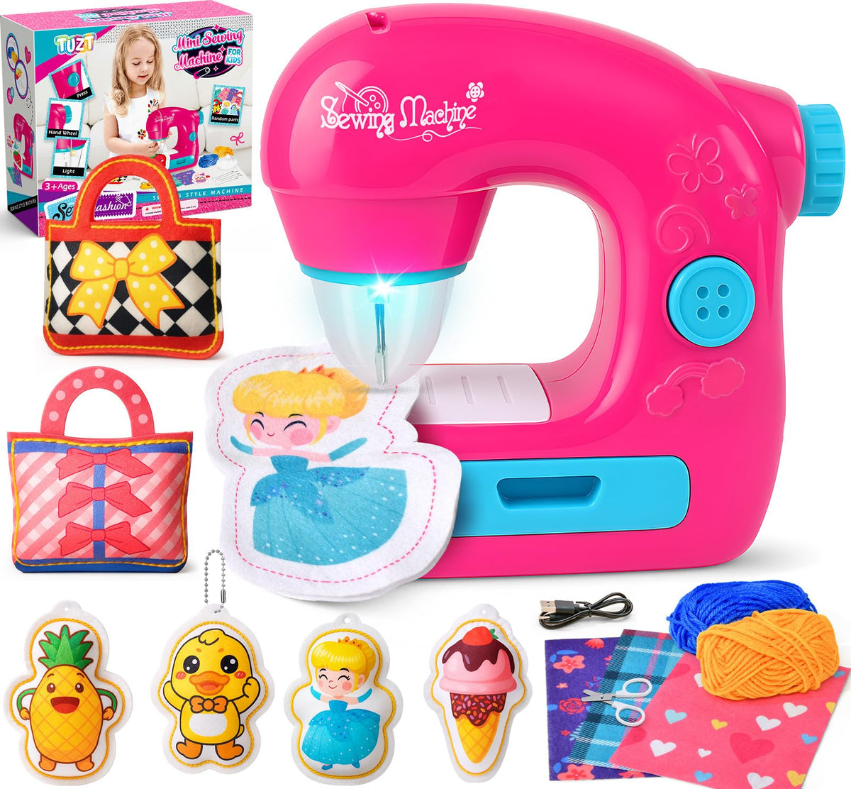TUZT mini sewing machine kit unboxed for easy beginner setup and learning.