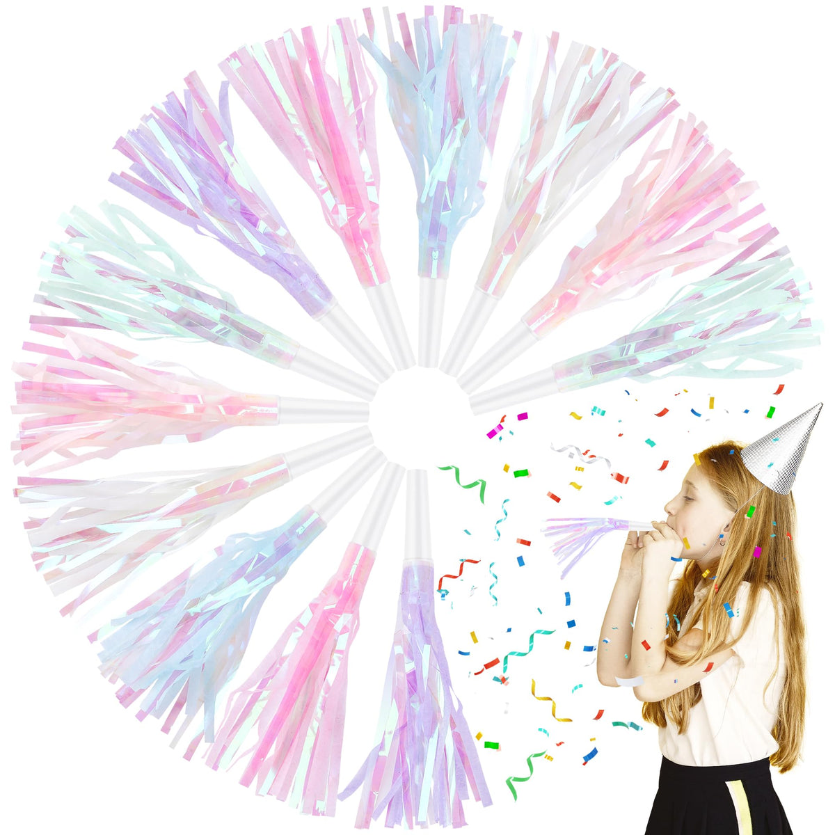 Twavang party blowers with rainbow glitter fringe to brighten birthdays.