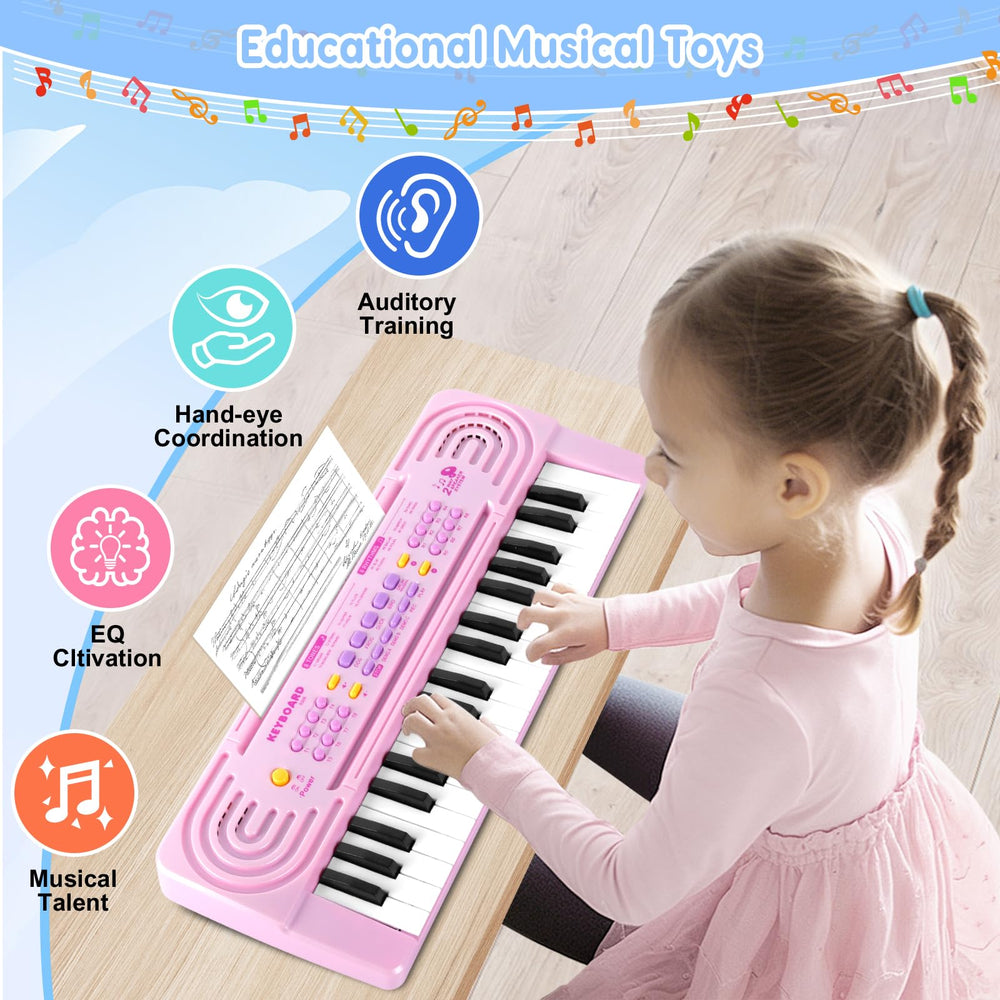 TWFRIC child using the microphone on the pink toy piano for singing.