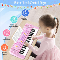 TWFRIC child using the microphone on the pink toy piano for singing.