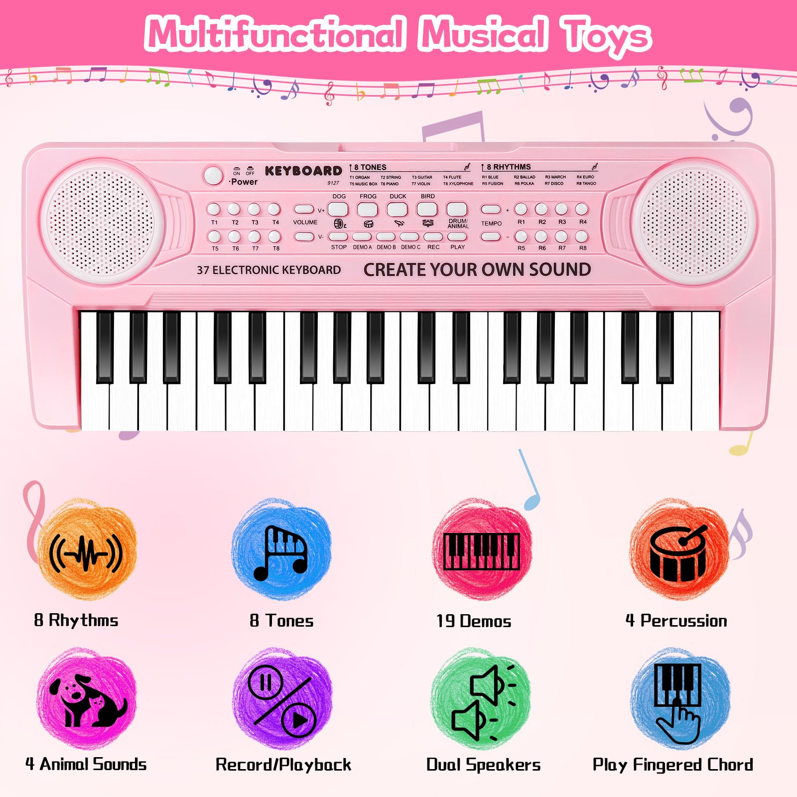 TWFRIC pink 37-key keyboard close-up highlighting wood-grain keys for easy chords