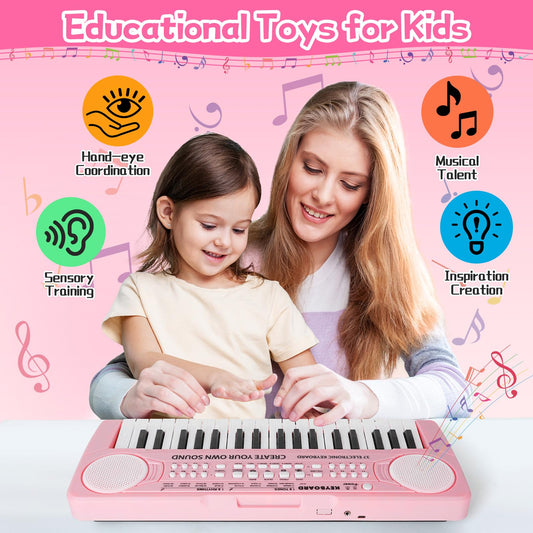 TWFRIC pink toddler piano side profile showing compact travel-friendly size