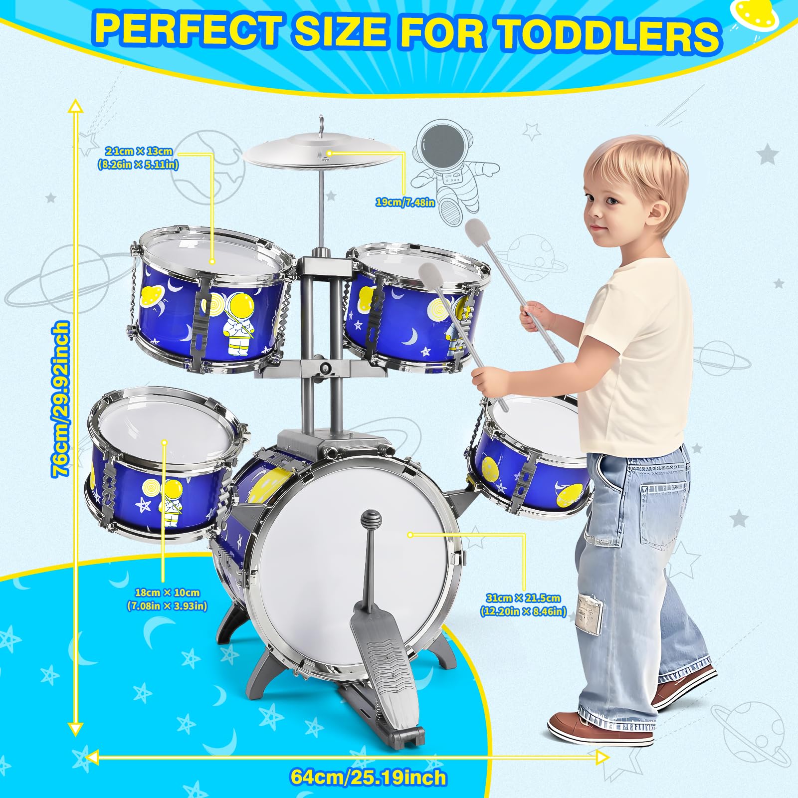 TWFRIC toddler drum set side-view shows durable plastic for everyday fun.