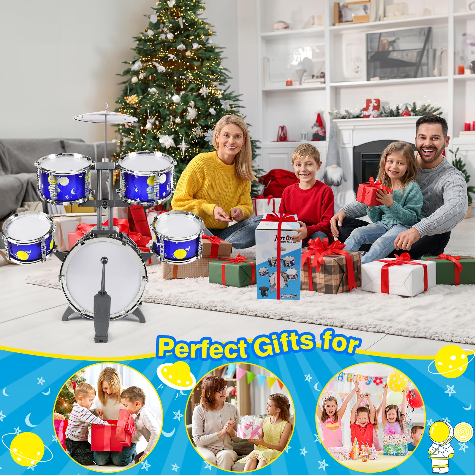 TWFRIC toddler drum set stool view provides comfortable pretend performances.