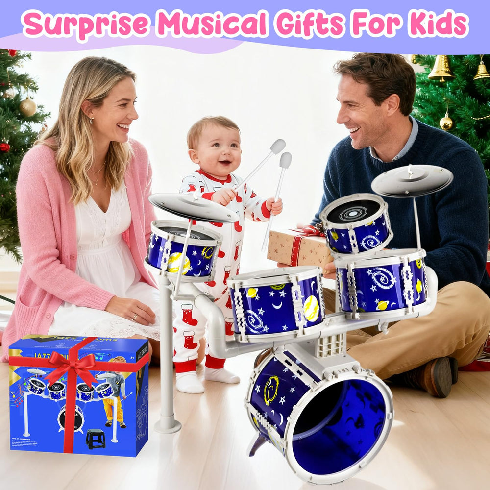 TWFRIC toy drum set assembled view showing adjustable angles and sturdy frame