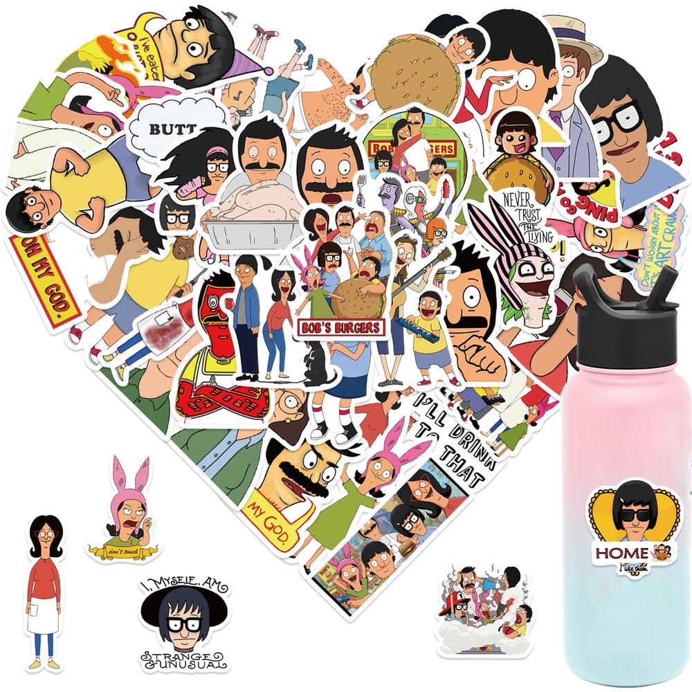 TWGOGOTIC Bob's Burgers stickers pack on a water bottle, waterproof and bold.