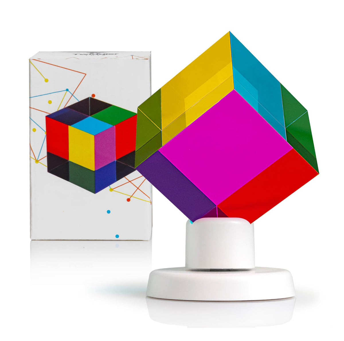 Twiddler Toys color mixing cube with display stand on a desk for vivid color play