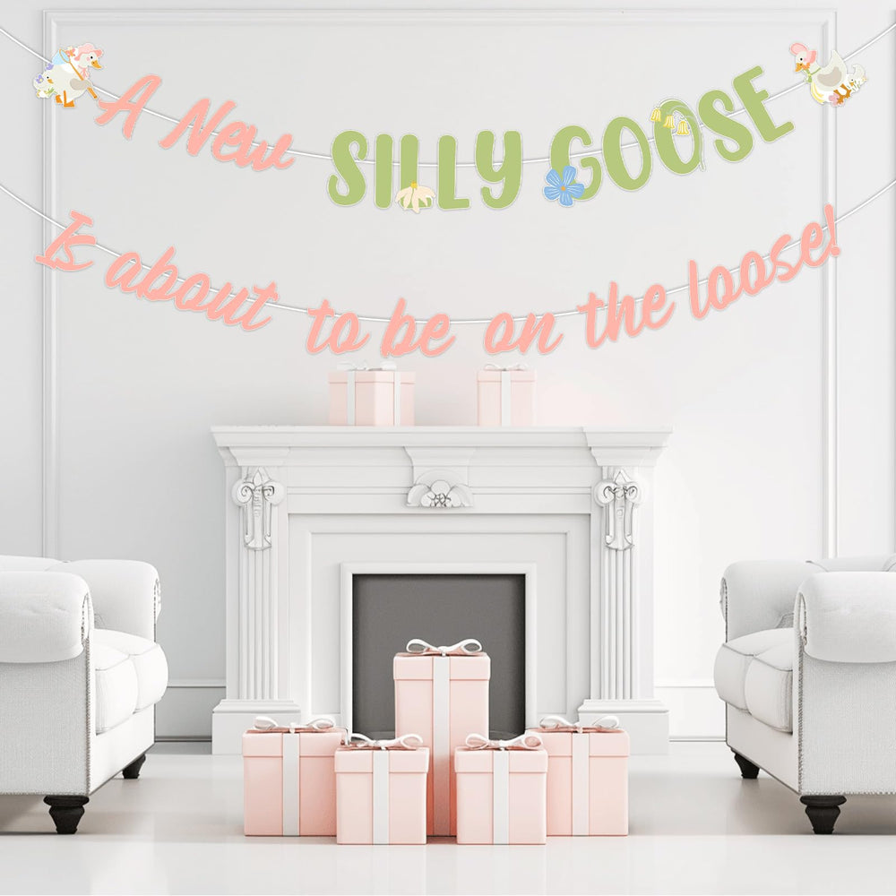 Two Wild pink floral goose banner brightens gender reveal décor.