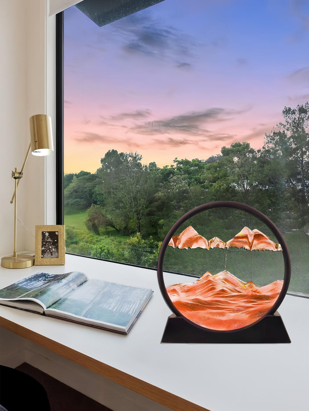 Twohua sandscape display, red, elegant desk accent for focus and mood.