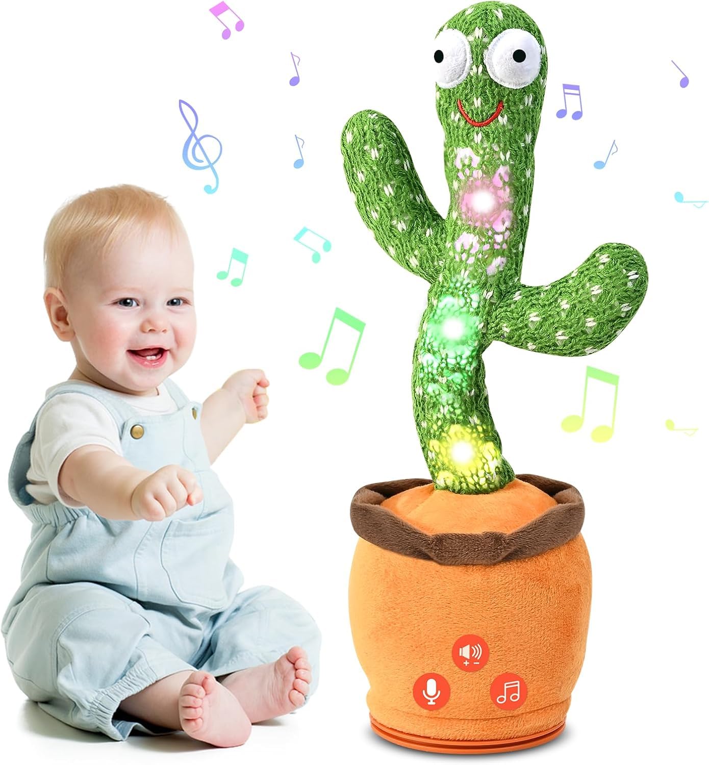 TWORIVER Dancing Talking Cactus front view highlights soft plush material for safe play.