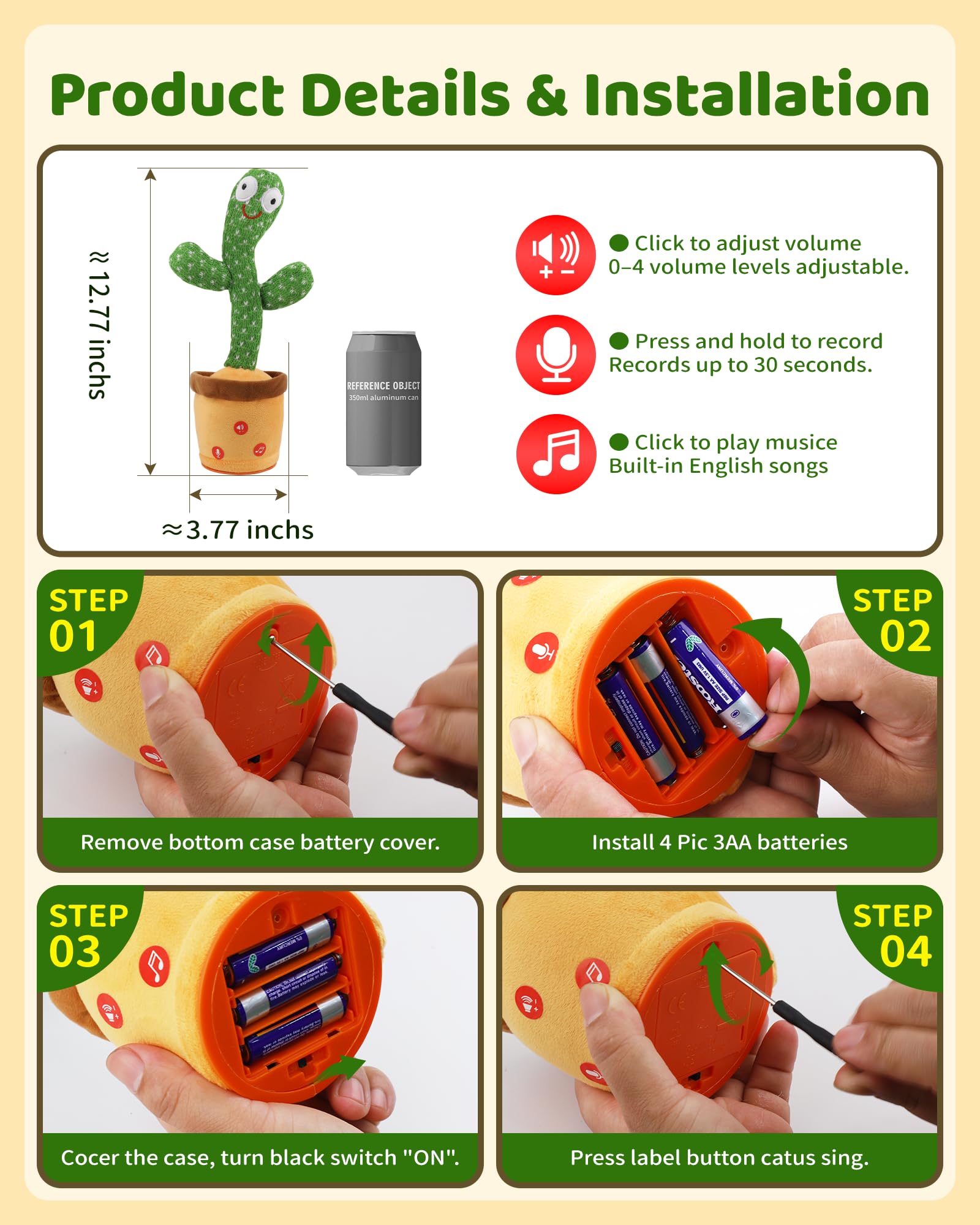 TWORIVER Dancing Talking Cactus volume control enables gentle nighttime use.