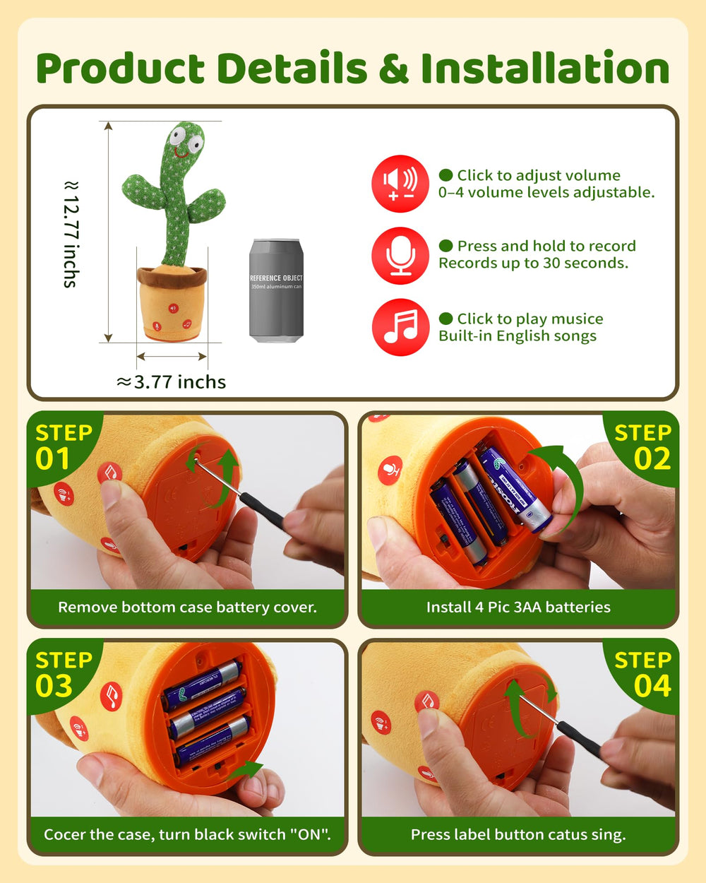 TWORIVER Dancing Talking Cactus volume control enables gentle nighttime use.