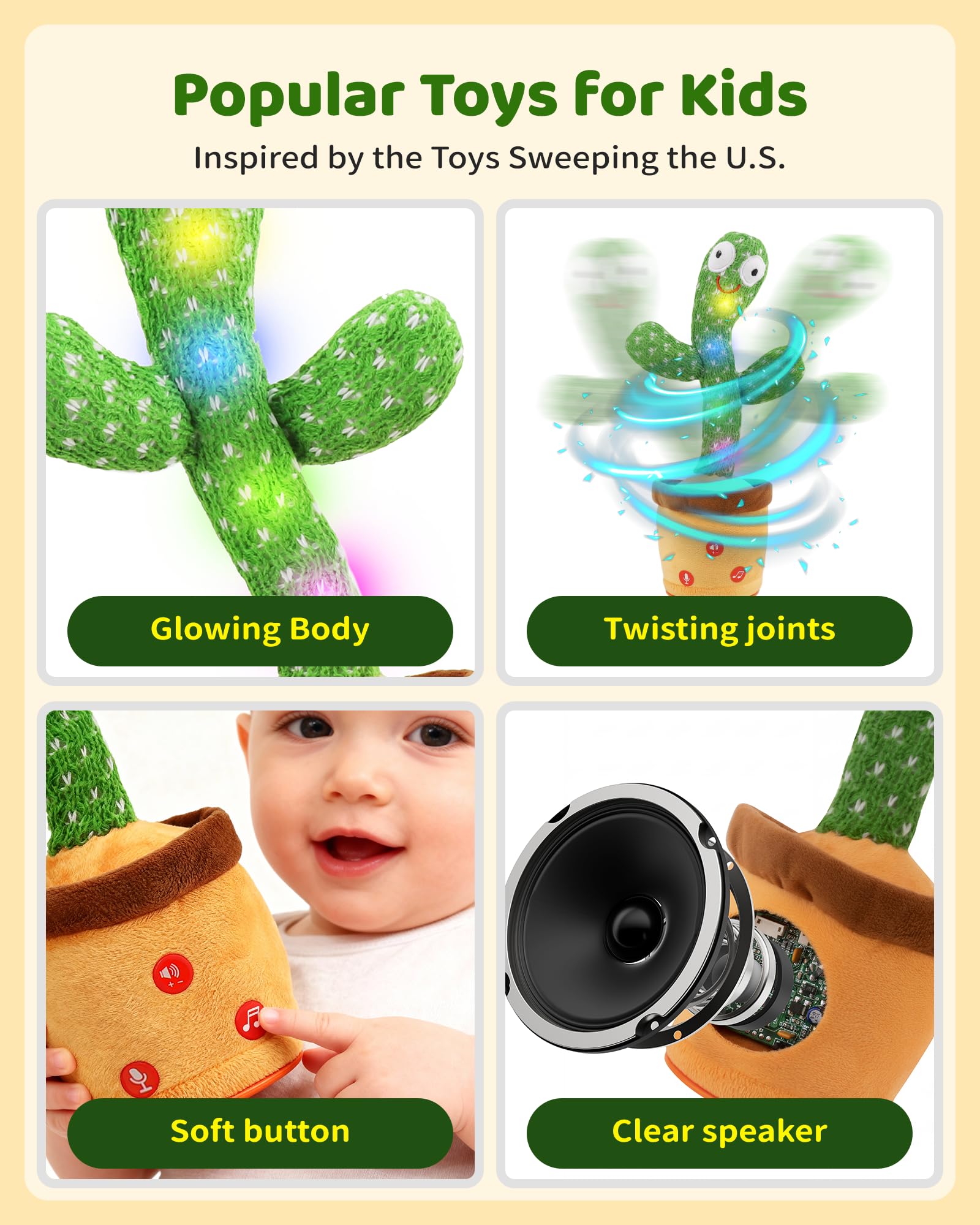 TWORIVER Dancing Talking Cactus recording function captures your voice for playful replay.